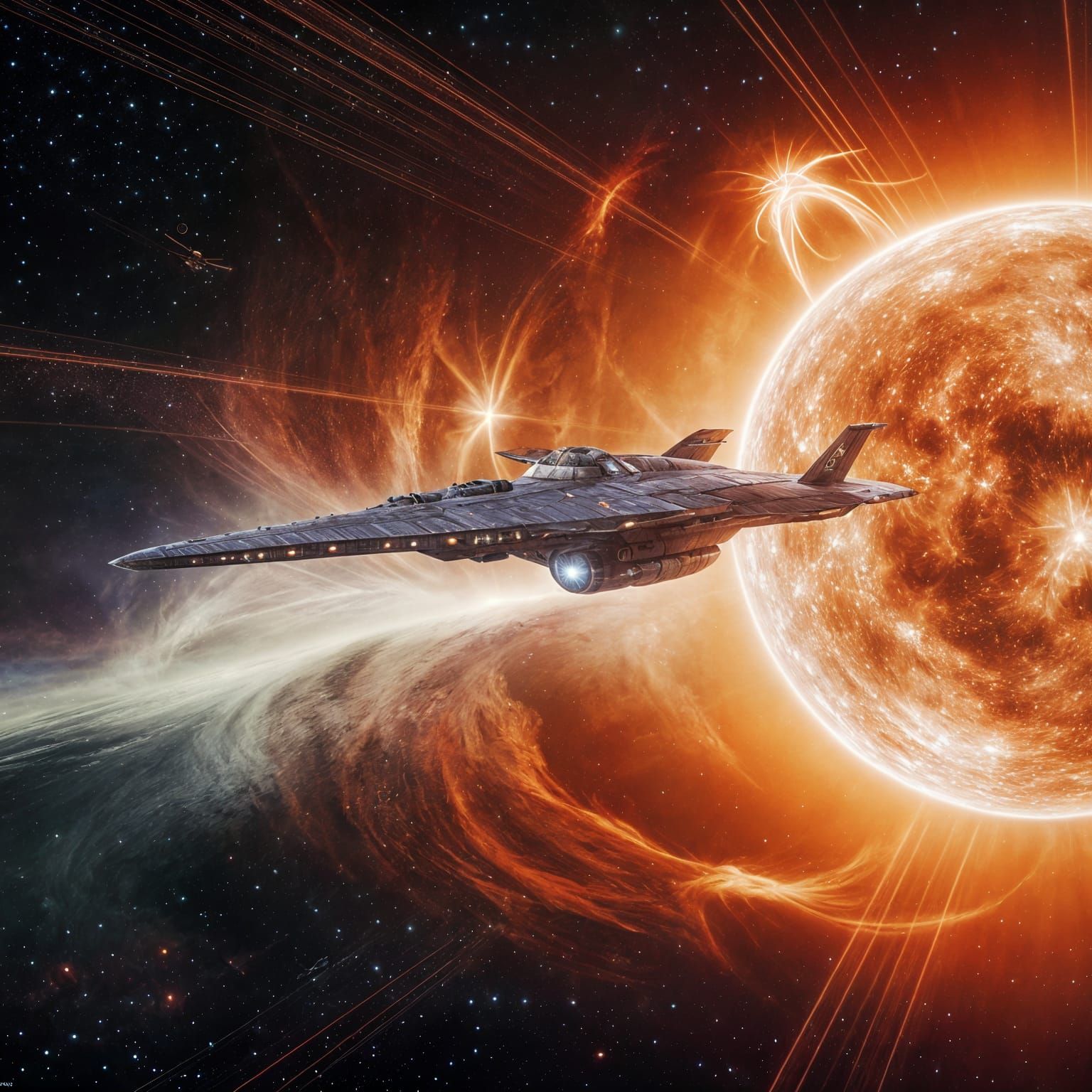 Starship flying past a dying star, solar flares and cosmic storm, dramatic sci-fi illustration, ultra ...  by @Likra
