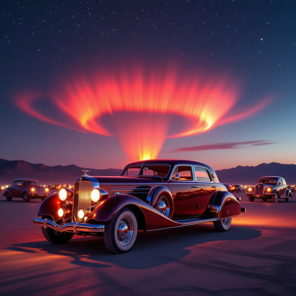 Sleek limousine at night in a luxurious Honolulu Great Palace Hotel in 1938 