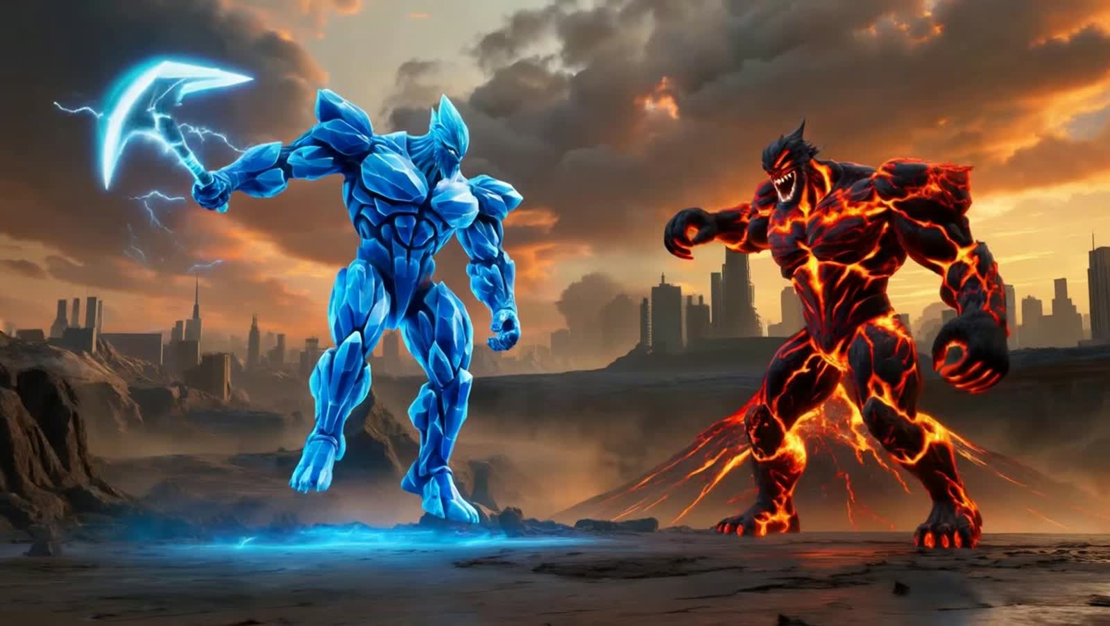 Video Prompt: Epic Cinematic Titan Fight SceneSetting: A ruined city at dusk, glowing with fiery orange skies and ash-fi...