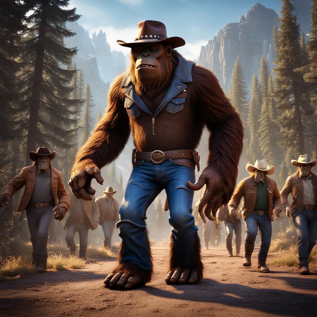 Bigfoot wearing a cowboy hat and jeans line dancing
