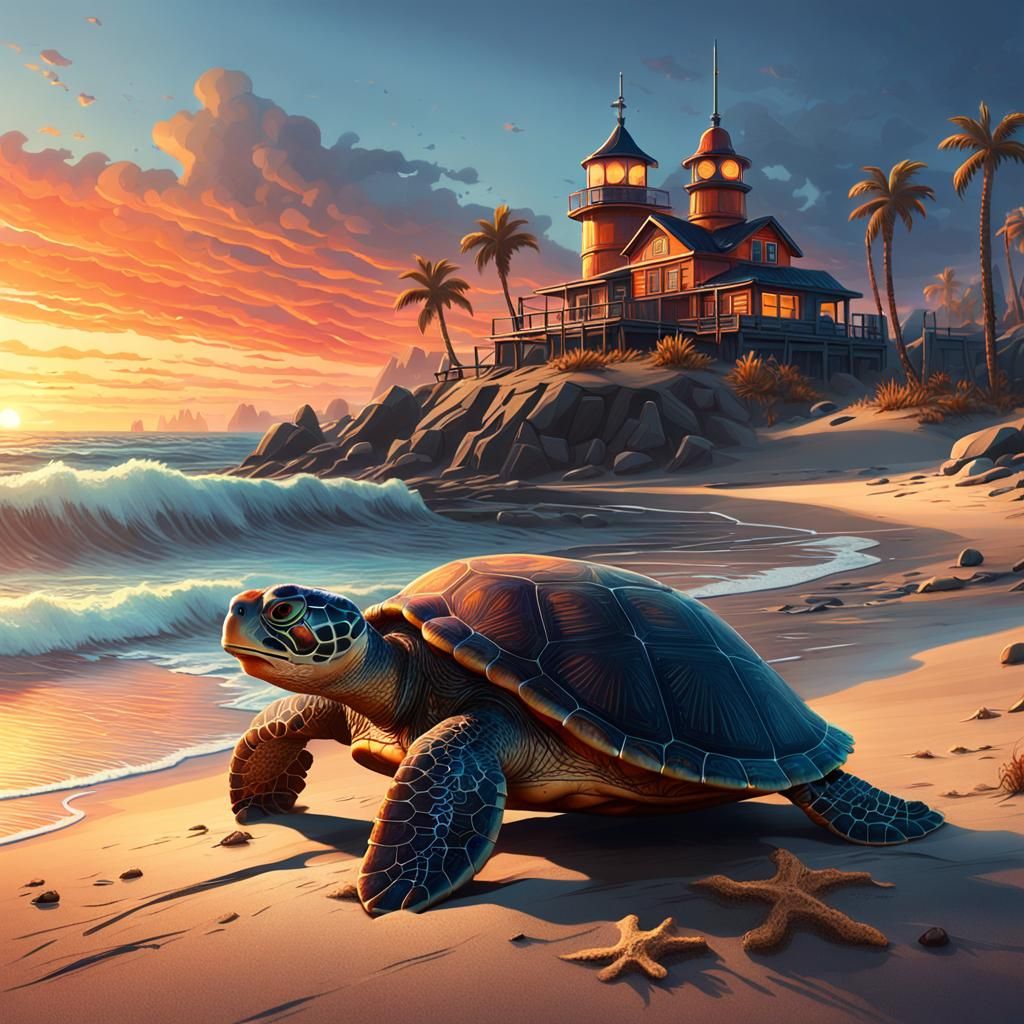 Sea turtle on the beachfront enjoying the sunset.   by @Kelly