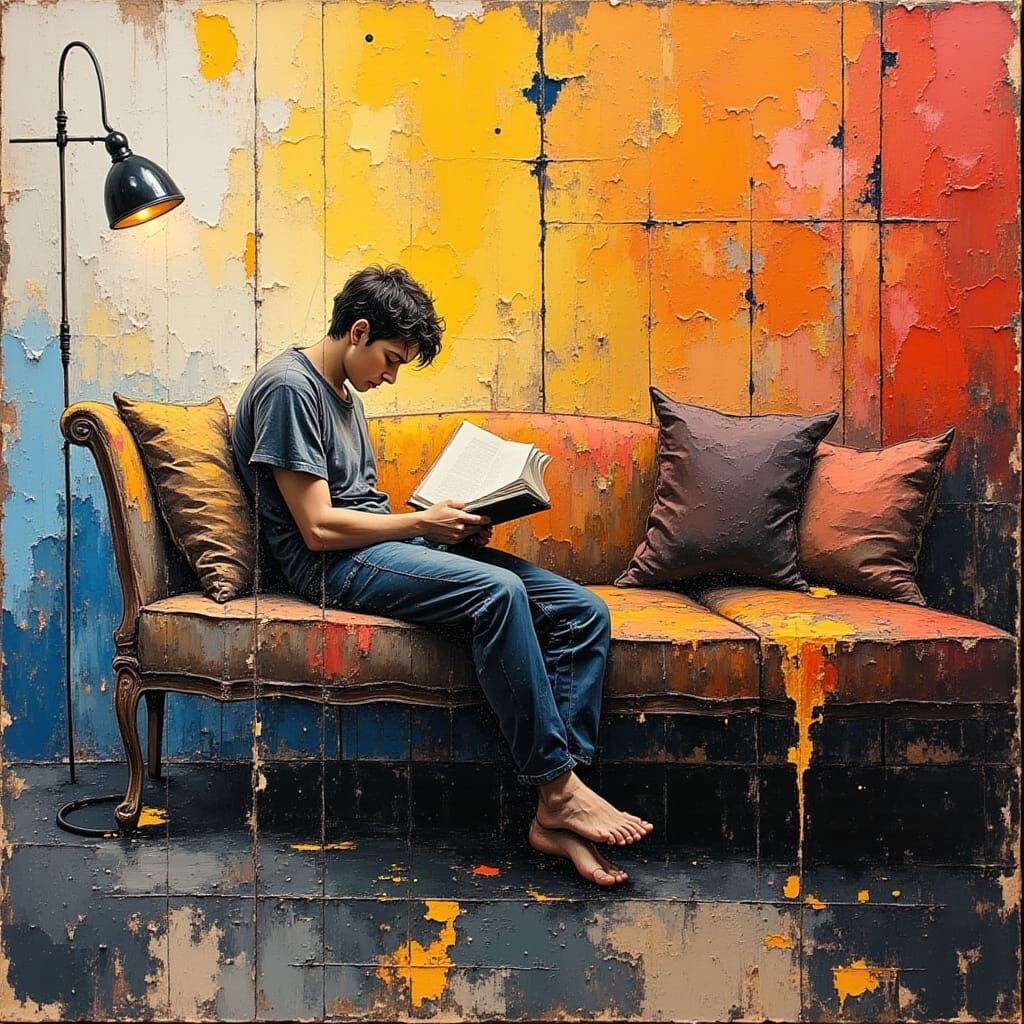 Abstract Expressionist Man Reading Journal on Sofa