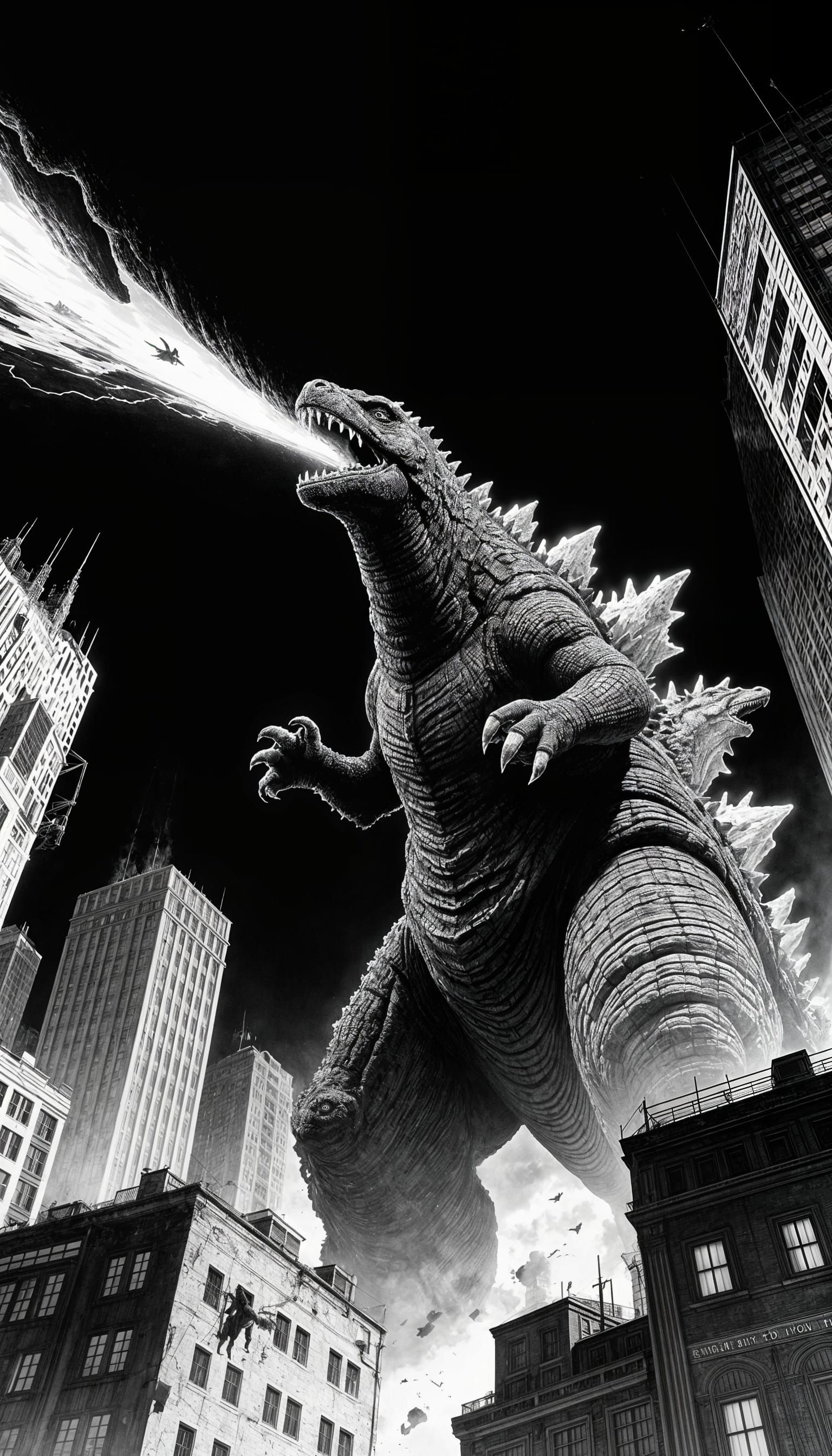 An OSR-style black and white illustration of a colossal godzilla. He is spitting his mortal ray through ...  by @Ale