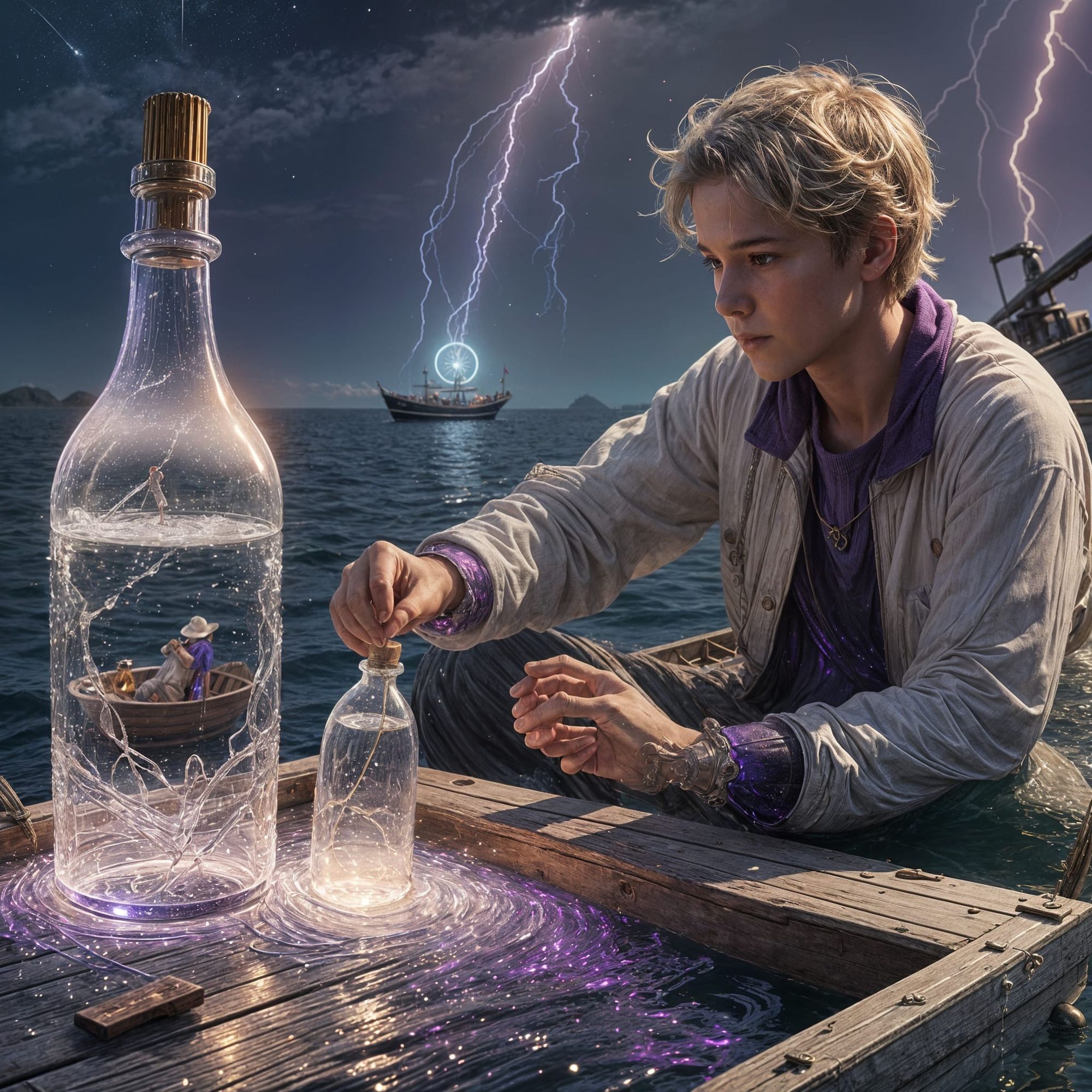 A boy in a white wooden boat leans forward to a bottle filled with sparkling white gold and purple lights as the bottle falls into the sea 4...