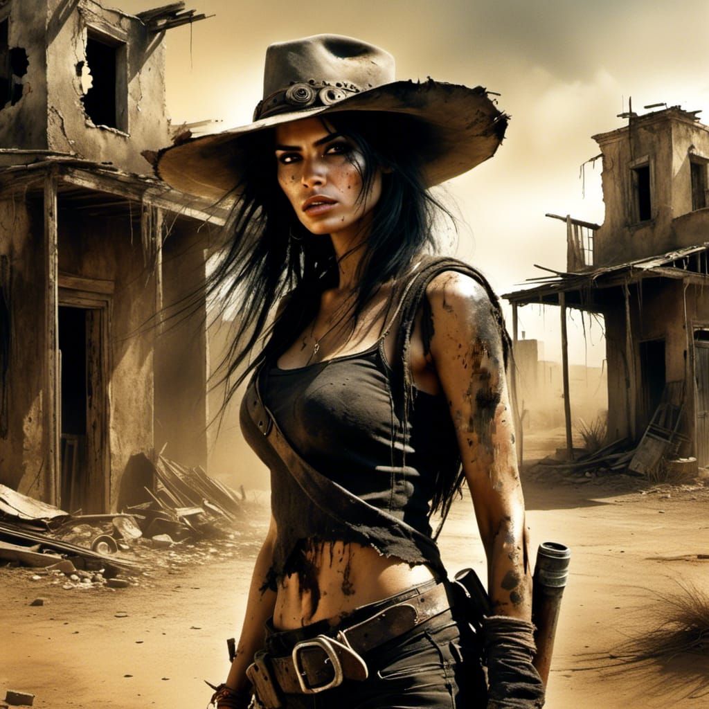 Mexican-American woman in post-apocalyptic ruins of a desert...
