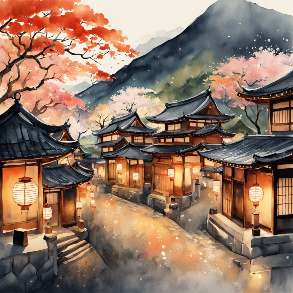 "Create a nostalgic illustration of a vintage car traveling through a picturesque Japanese mountain landscape, shot from a medium angle. The...