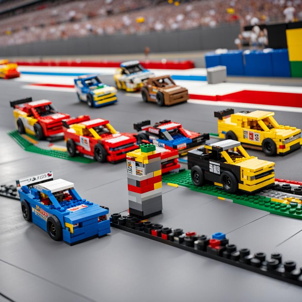 nascar race cars on a track made out of lego