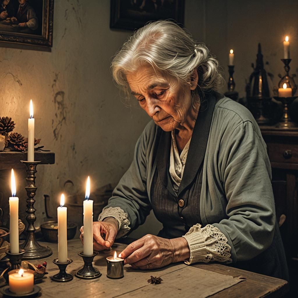 candlelit scene old woman lighting scented candles  by @jimmyoutside