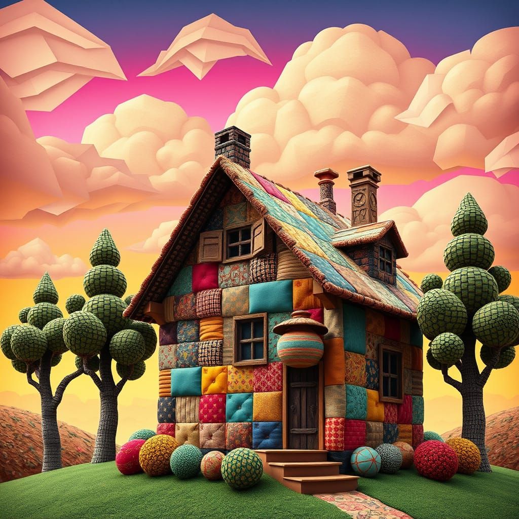 A cabin made of fabric and the trees are made out of fabric and  the sky is pink and yellow  by @Taco Fan 101