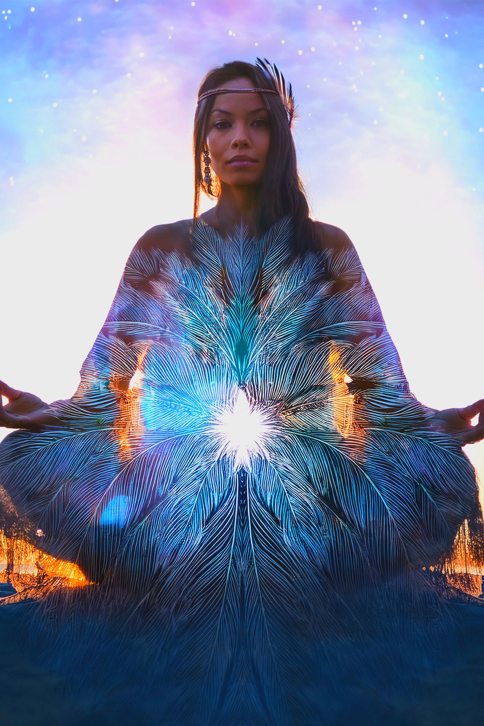 A double-exposure silhouette of a Native American