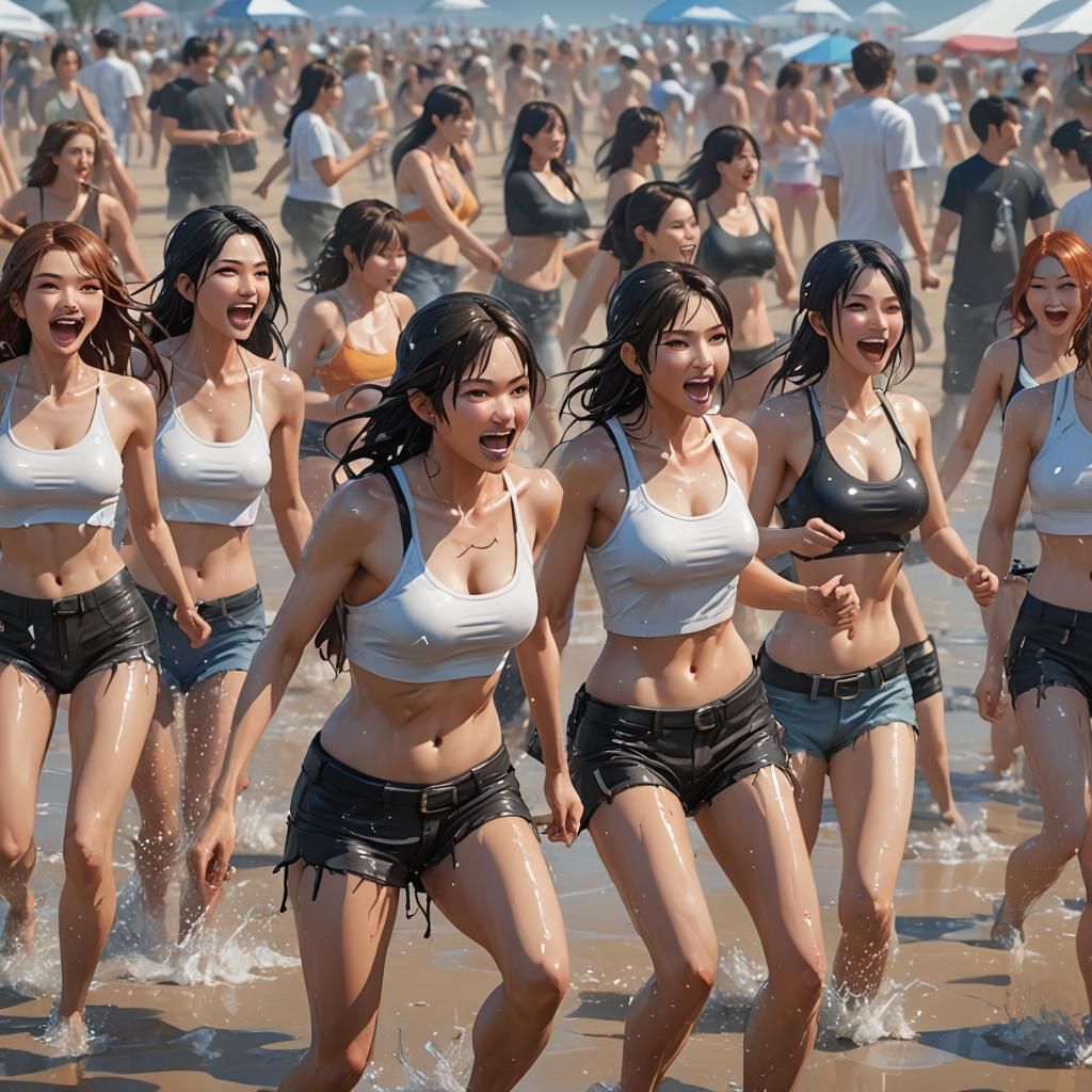 Pretty women attending a wet t-shirt competition on the California beach.  Lots of beachware and yelling contestants. - AI Generated Artwork -  NightCafe Creator