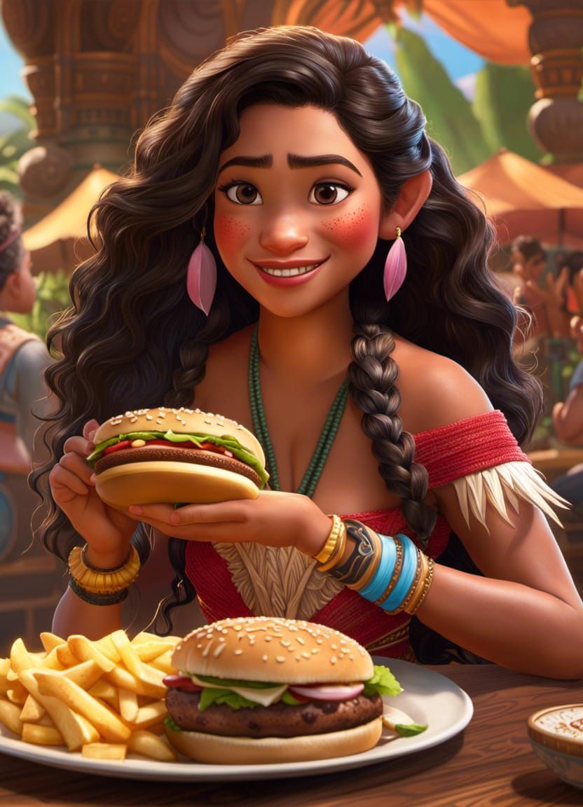 Princess Moana eating an hamburger - AI Generated Artwork - NightCafe ...