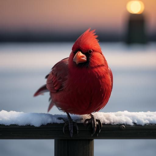 Cardinal on a fence post at sunset.