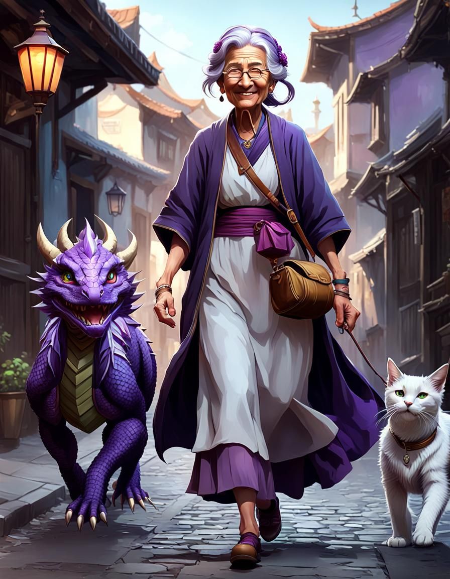 Full body Smiley Old woman walking and little purple dragon  pets in old street  by @Roswarcus