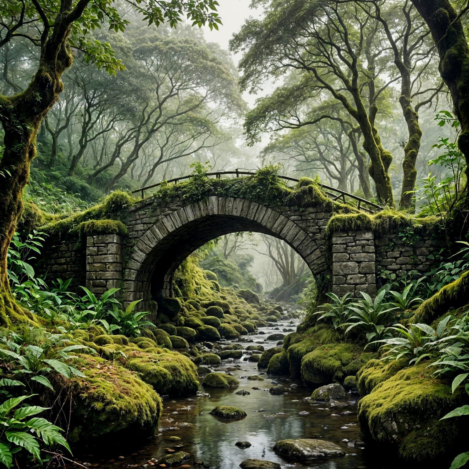 An old stone bridge covered in moss, hidden deep in a forest.  by @Quebra