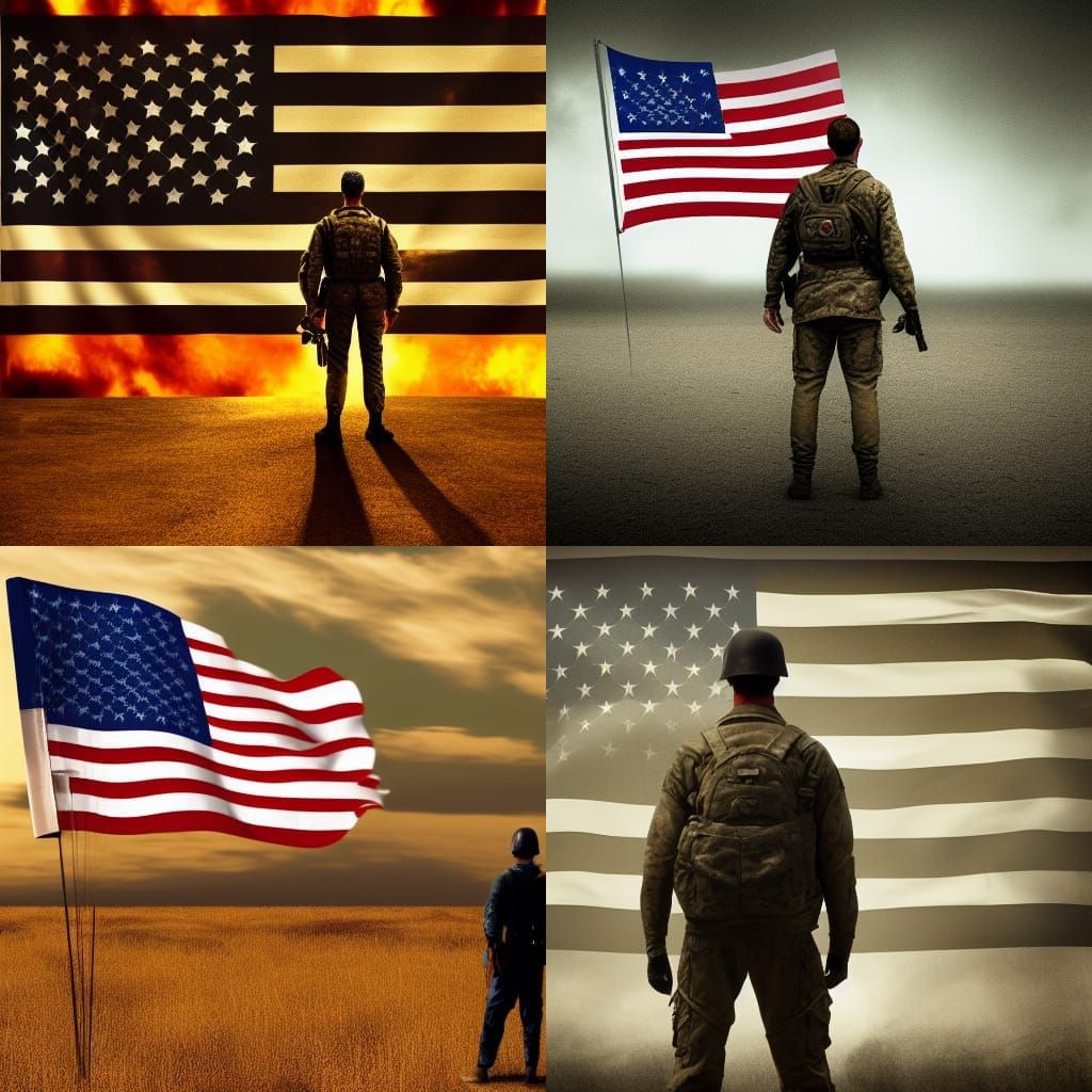 man stands alone aginst modern army american flare in hand f...