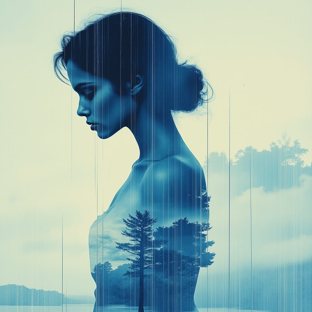 <lora:cyanotypeLike:1.0> woman glitched portrait, dream, ethereal