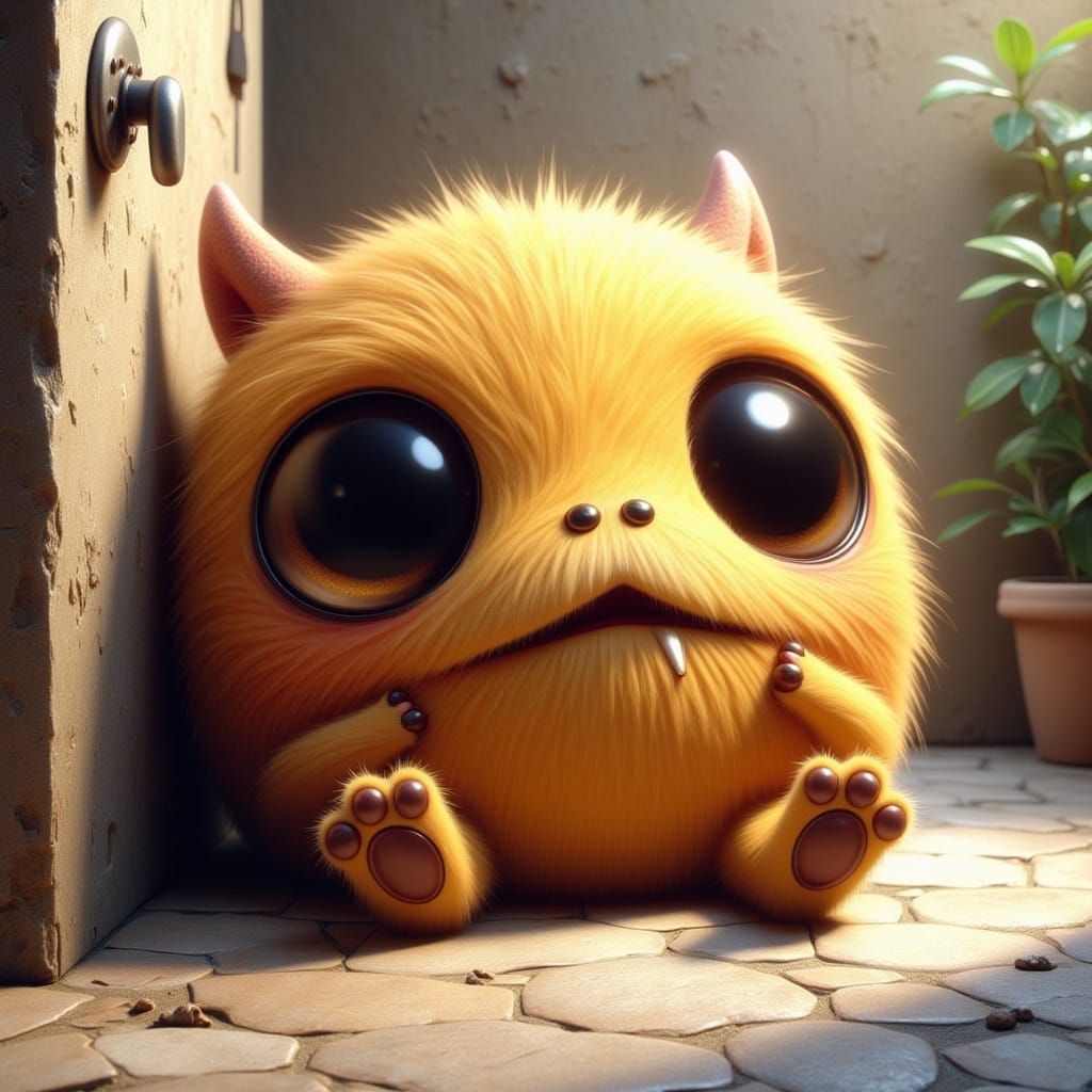 <lora:Kyootness:1.0> Closeup Oil painting of a sad adorable monster sitting in the corner, white background