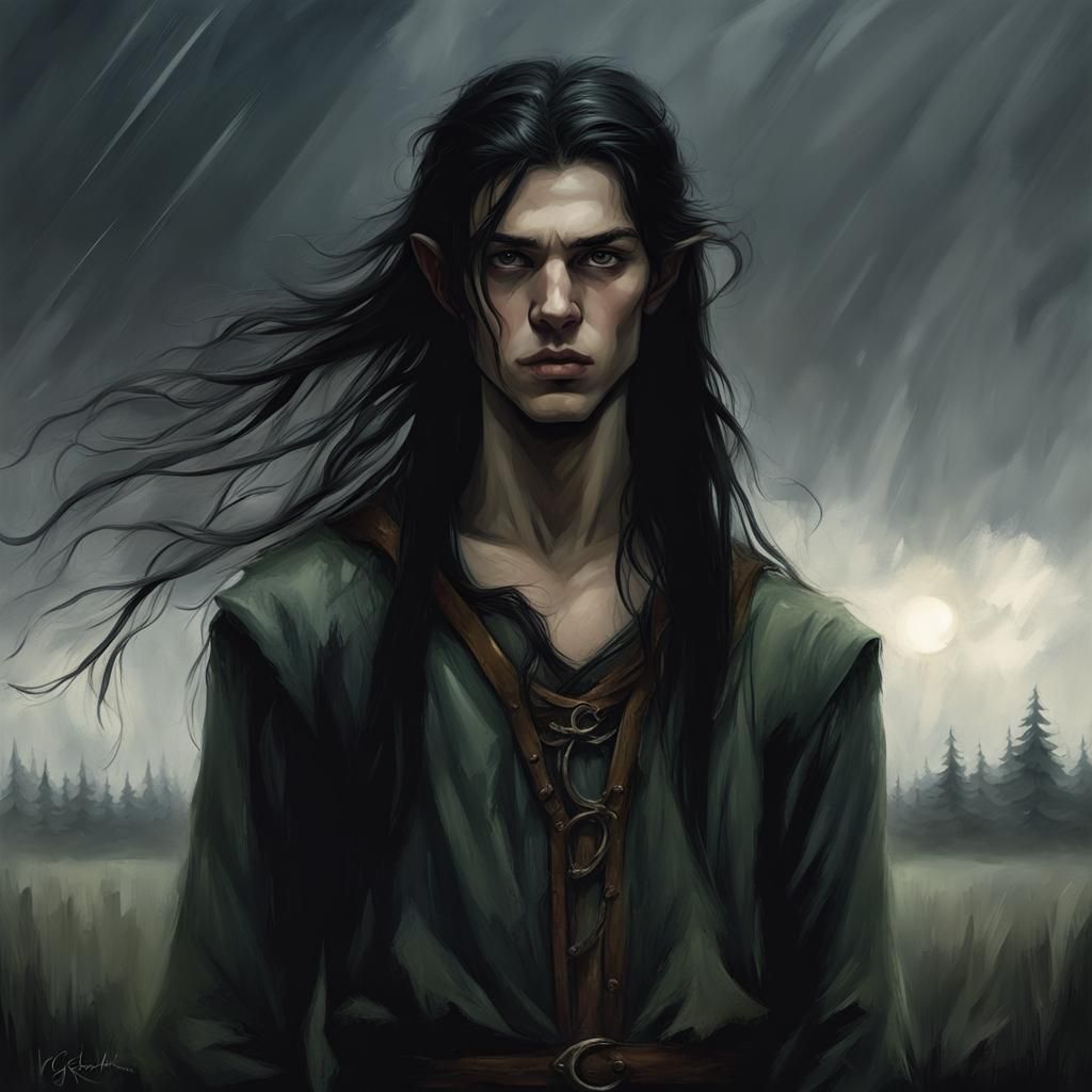 Dark-haired young elf, youth, thin, skinny, long straight hair. Woods ...