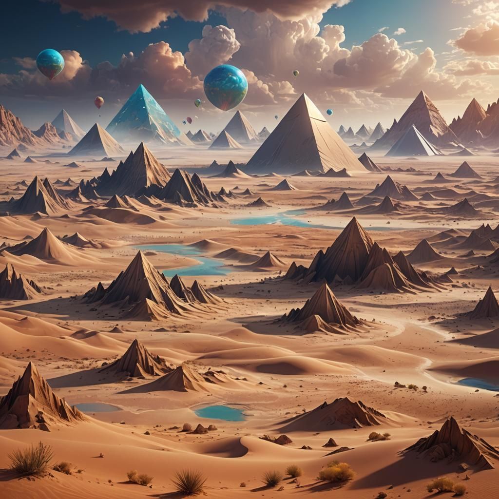 Surreal Desert Mirage: A vast desert landscape with shifting...