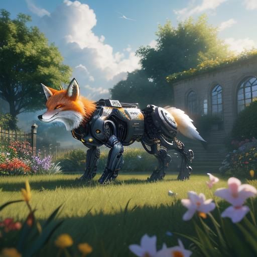 A cyborg fox in a garden. Massive scale and unreal engine. U...