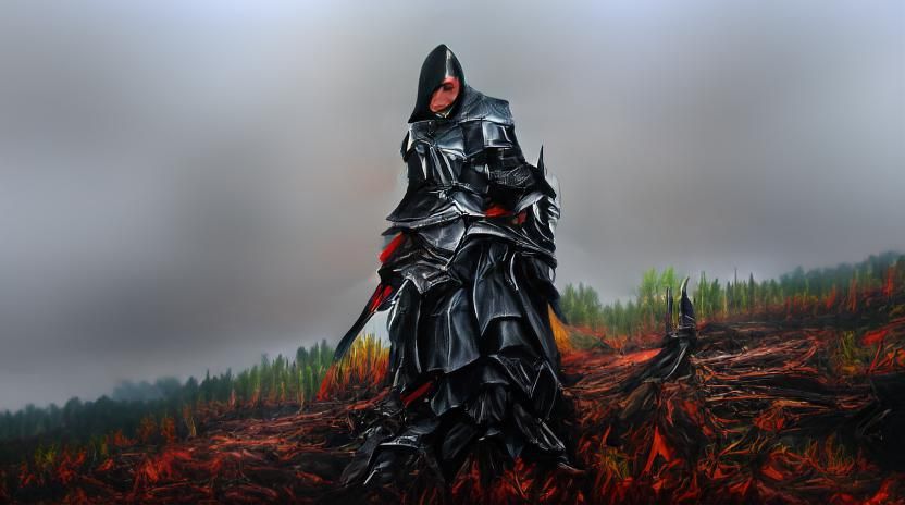 Evil Black knight armor with hood and sword burnt forest lan...