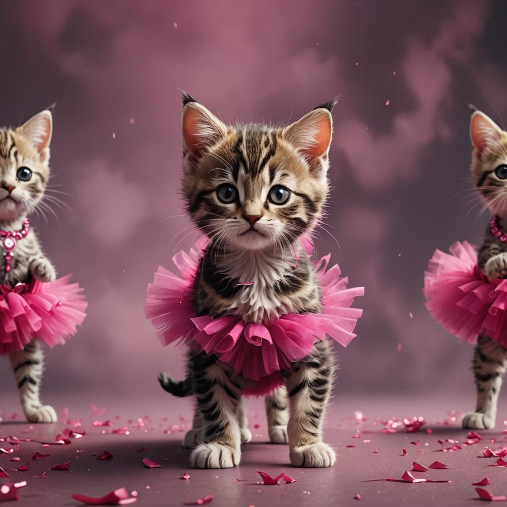 a baby kitten with a hot pink tutu on standing up with 4 leg...