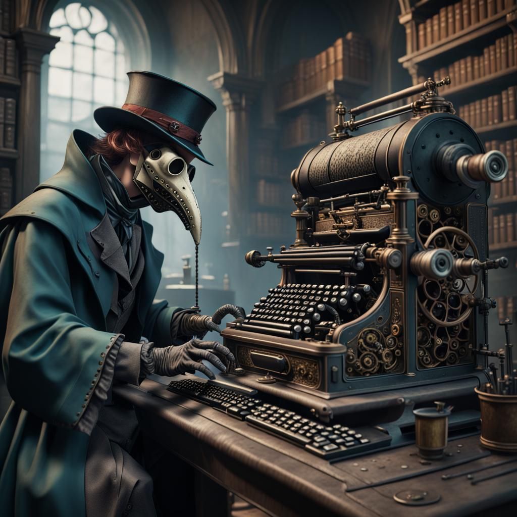 plague doctor typing on a typing machine