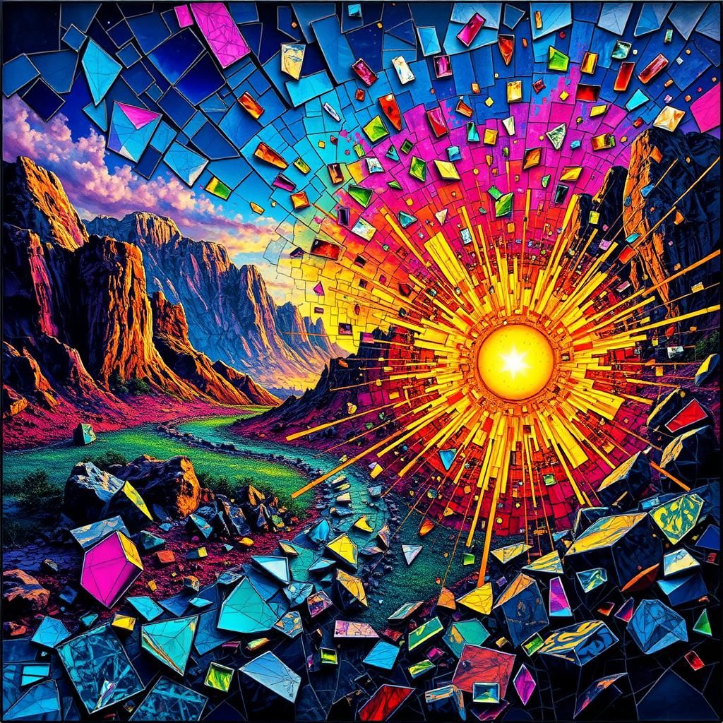 Vibrant pop explosion landscape mosaic explosive shattered florescent glass hyperdetailed   by @Timmy Contraros