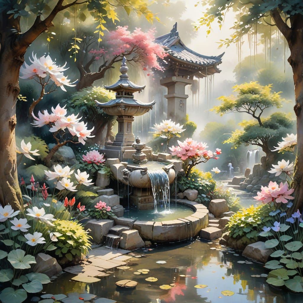 ornate Japanese fountain in a secret water garden   by @Victoria G