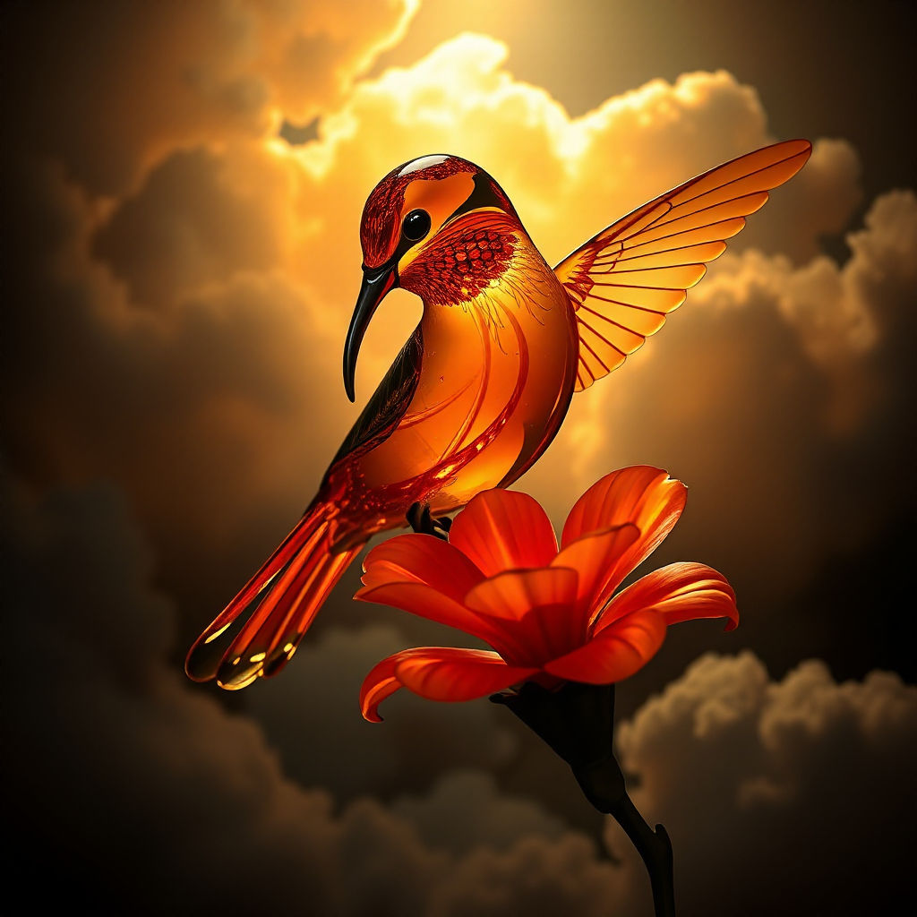 Orange and Black :: Hummingbird made of glass drinking from a flower