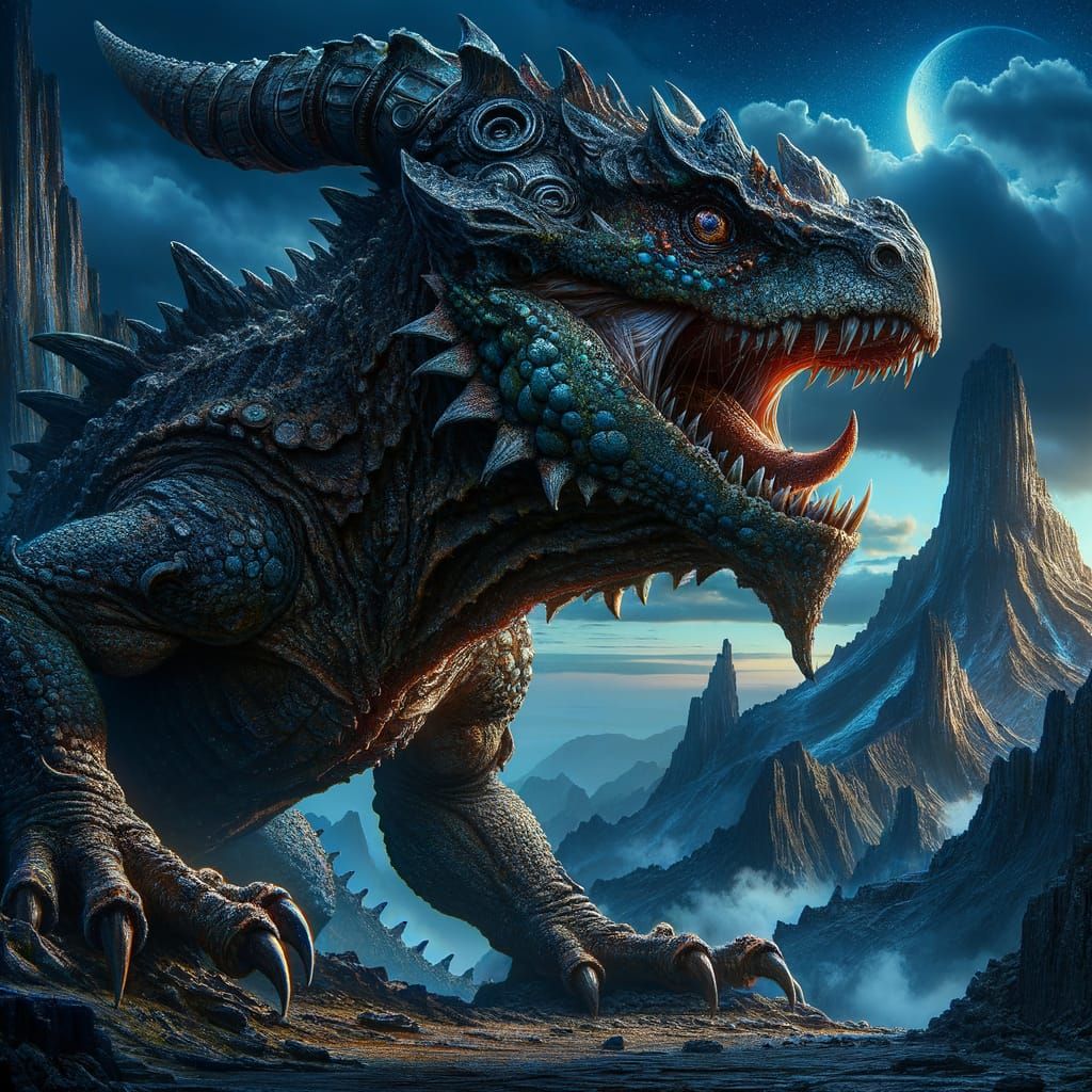 Basilisk monster looking like a hybrid between a huge varan lizard and dragon thick scales without wings with a hameleon head and a (huge ho...