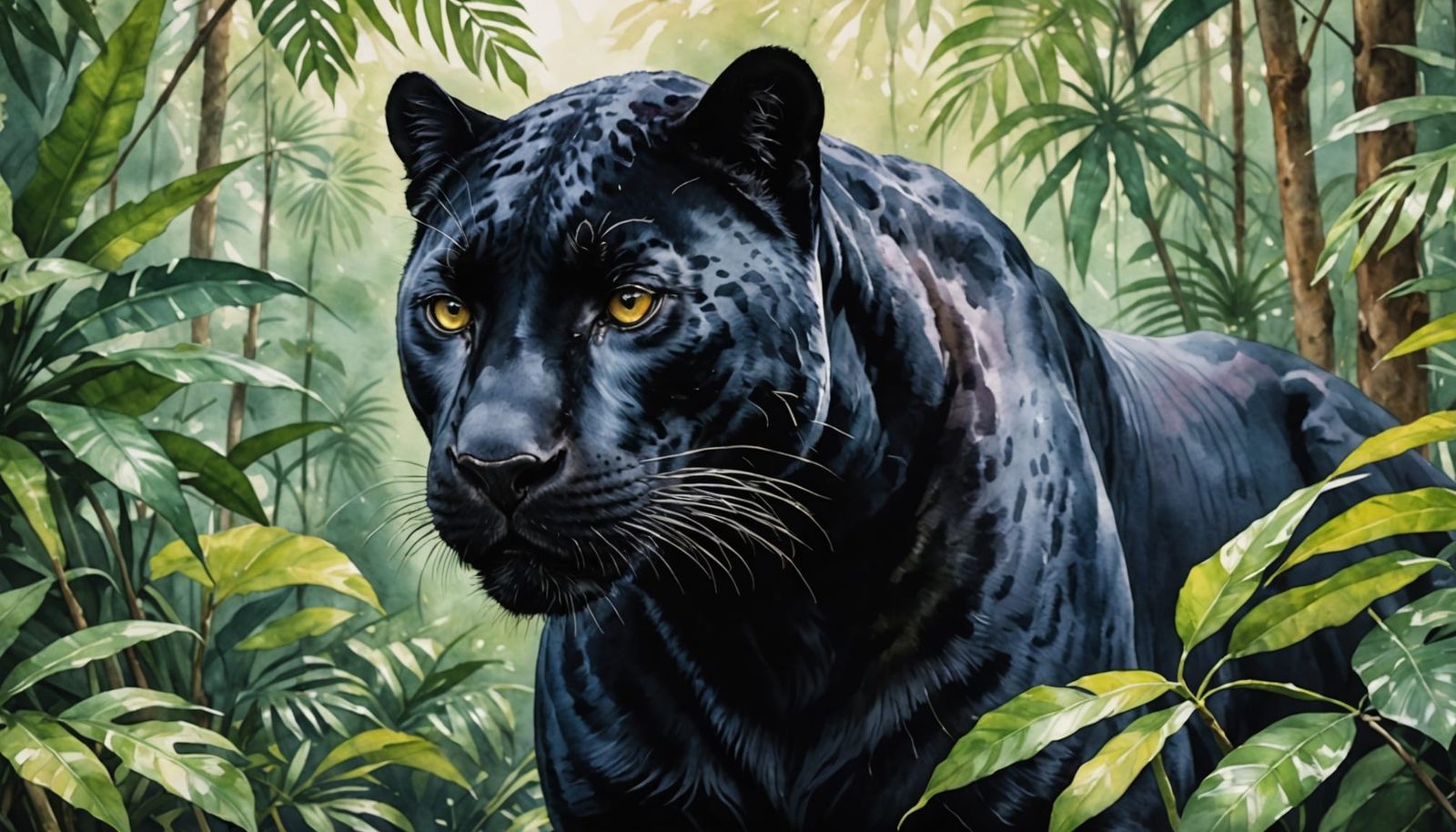 Watercolor style portrait of a black panther in the jungle  by @NyghtRaven