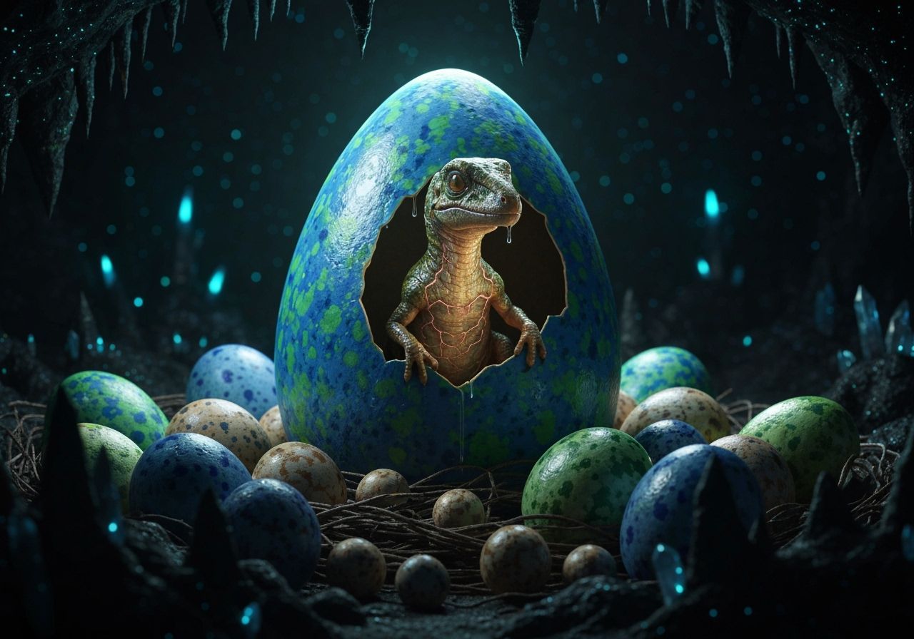 An incredibly detailed, insanely detailed baby Terrordactyl coming out of a colourful spotted egg in ...  by @Spearmint