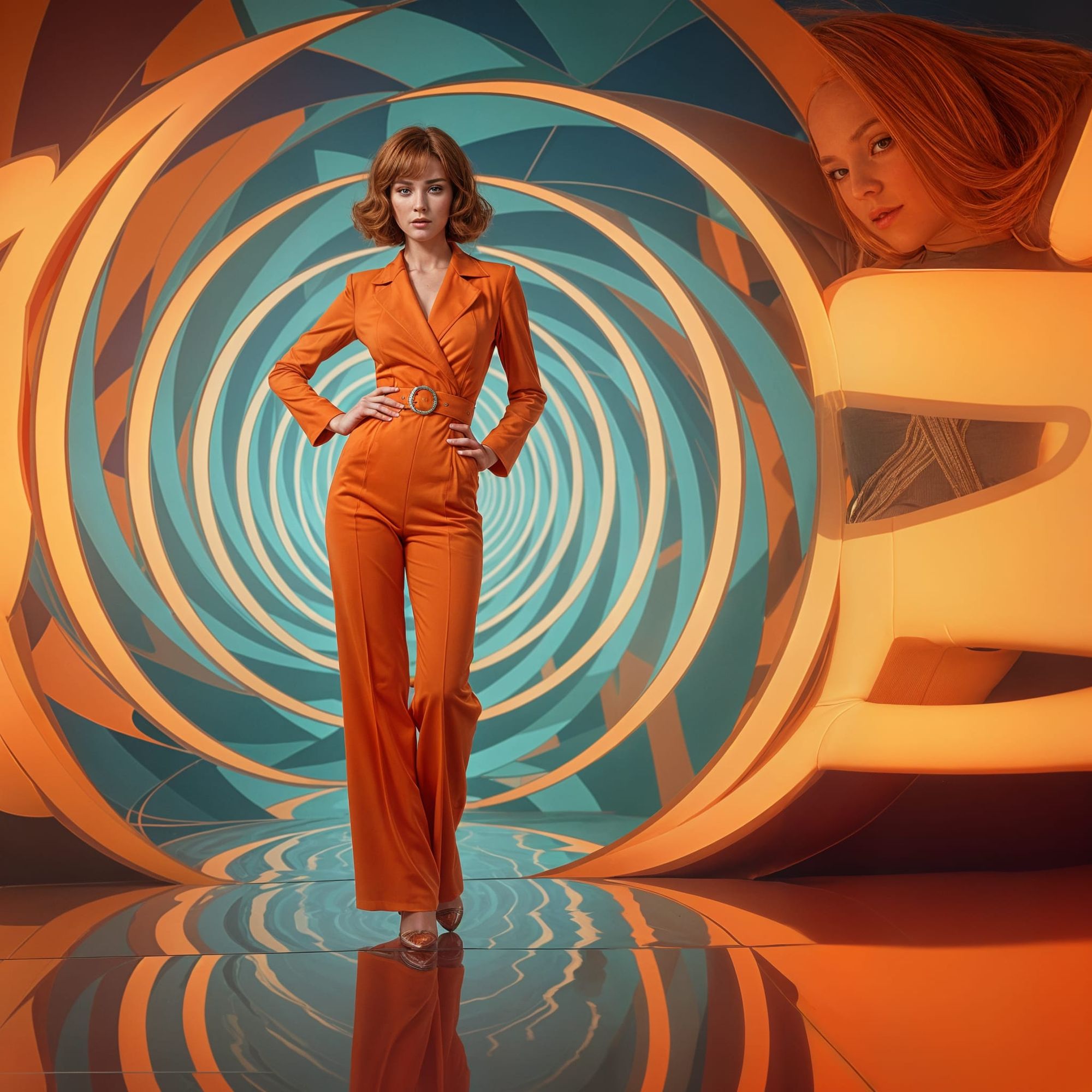 A stylish retro woman in the center of a swirling kaleidoscope
