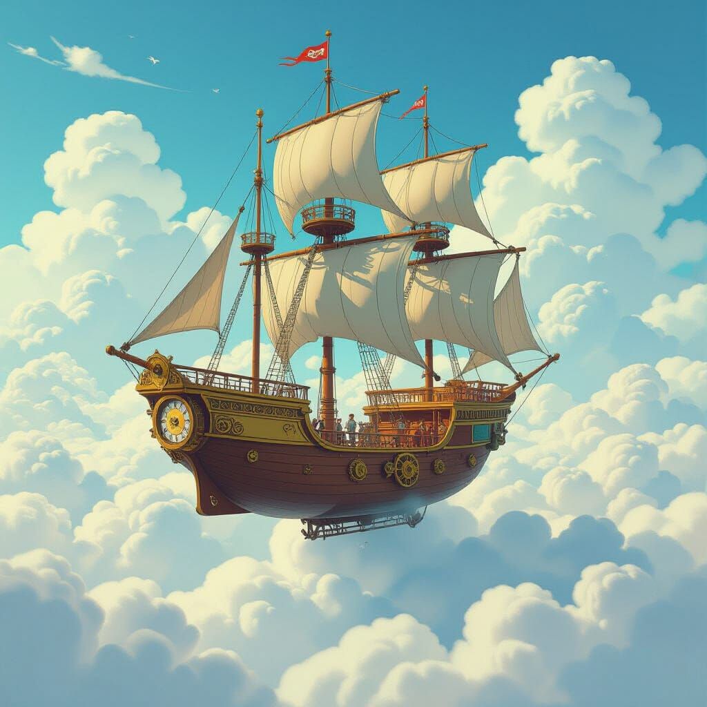 Steampunk Airship Sailing Through Clouds