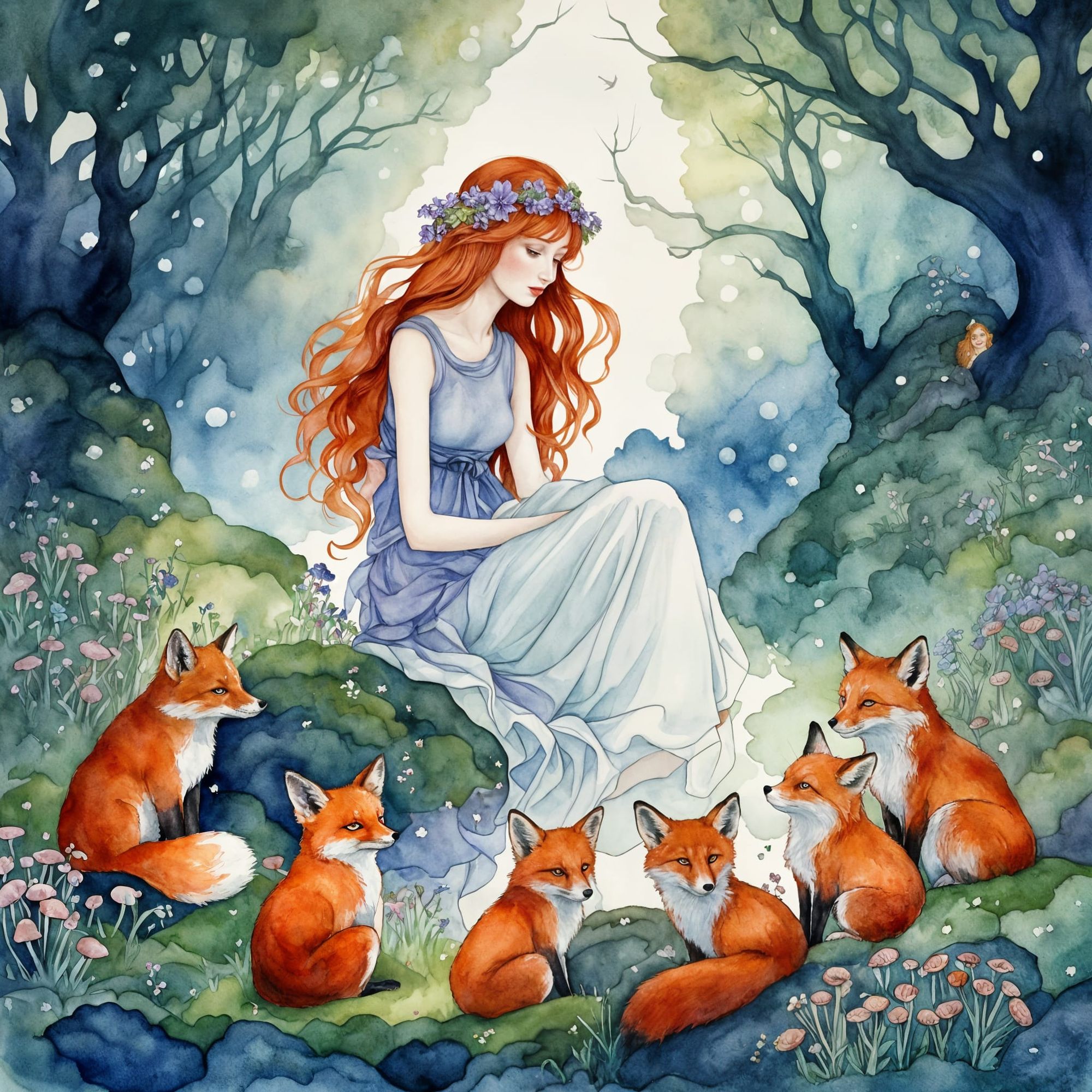 A serene forest glade bathed in the soft glow of twilight, where a beautiful redhead woman with flowing hair and delicate features, reminisc...
