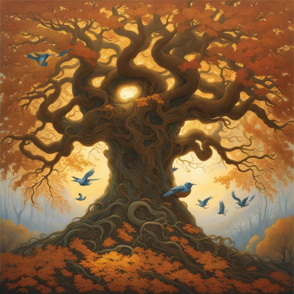 ancient tree with birds in autumn when the sun breaks throug...