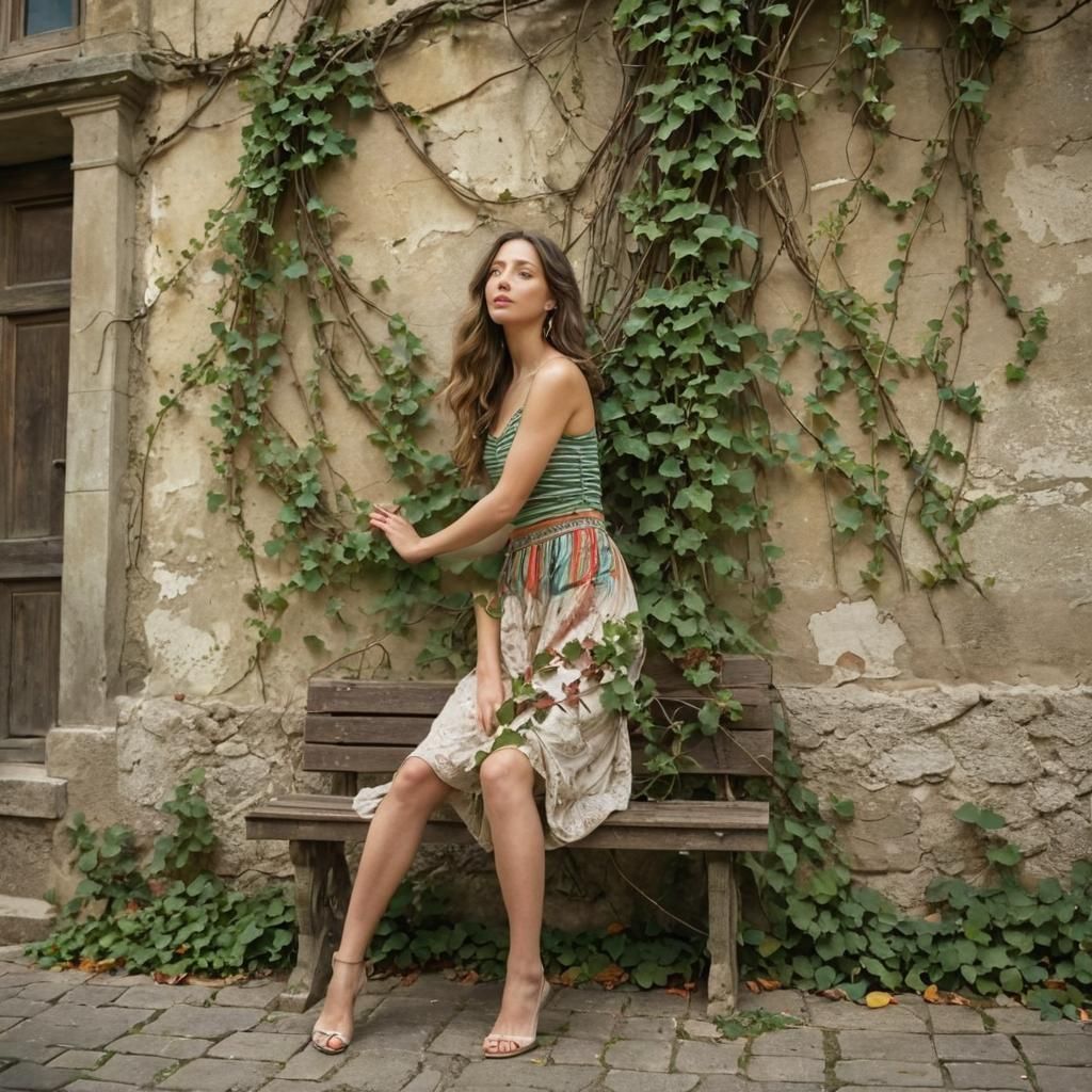 Romanticism. Medium shot. Beautiful woman holding vines on the side of an old building, feet on the ground, wearing a flowing multi colored...