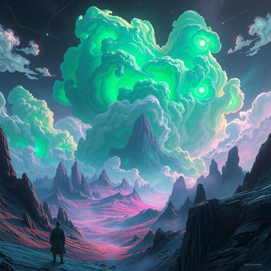 Surreal Sci-Fi Realm with Iridescent Green Clouds and Biomec...