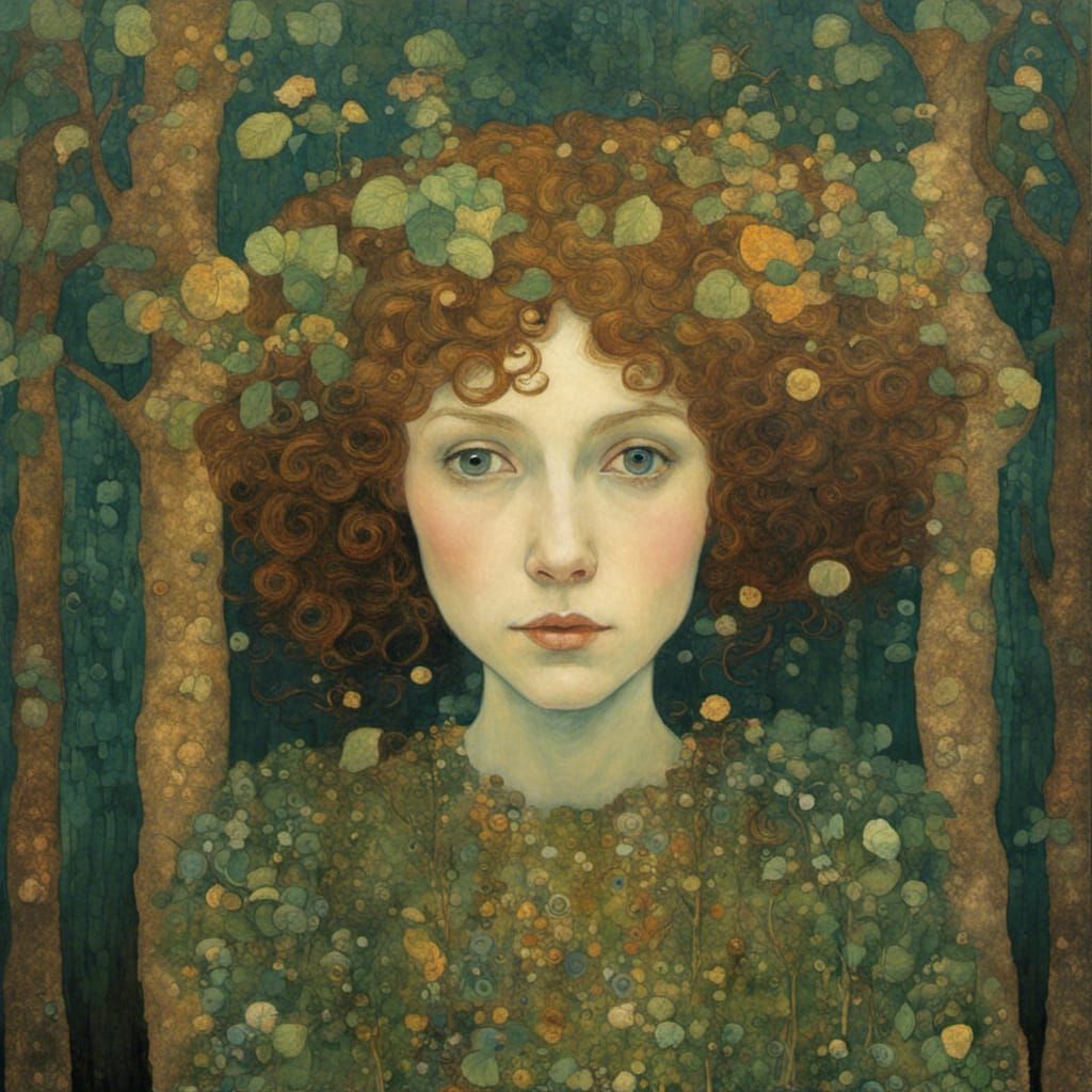 A portrait of a Forest Sprite in the style of Gusta Klimt.
