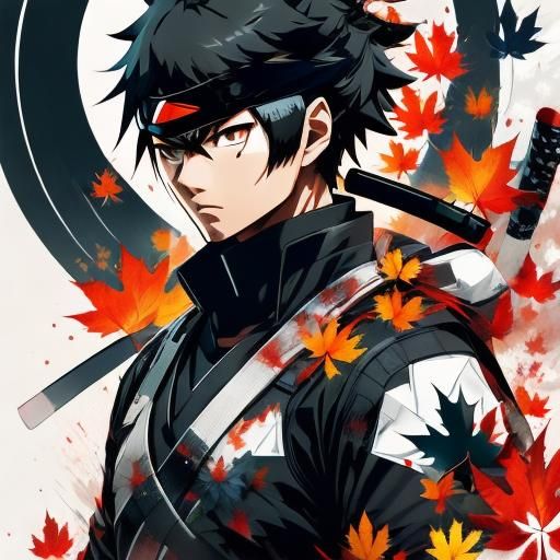 <lora:Doublex portrait DS8:1.0> ninja, maple leaves, catle, Double exposure portrait, intricate, highly detailed, manhwa, trending on artsta...