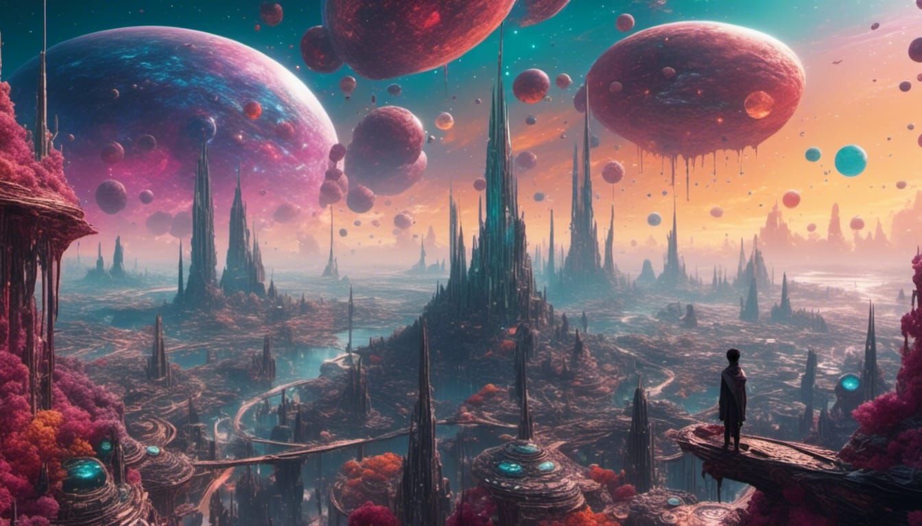 <lora:eye:1.0> You stand looking out over a vast colourful surreal alien city