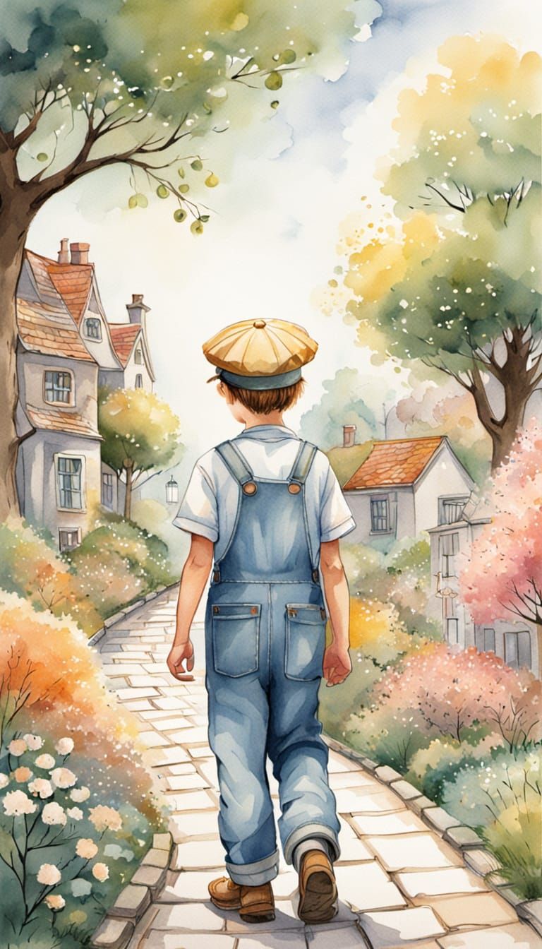 Whimsical Watercolor Illustration of a Young Boy in a Vintag...