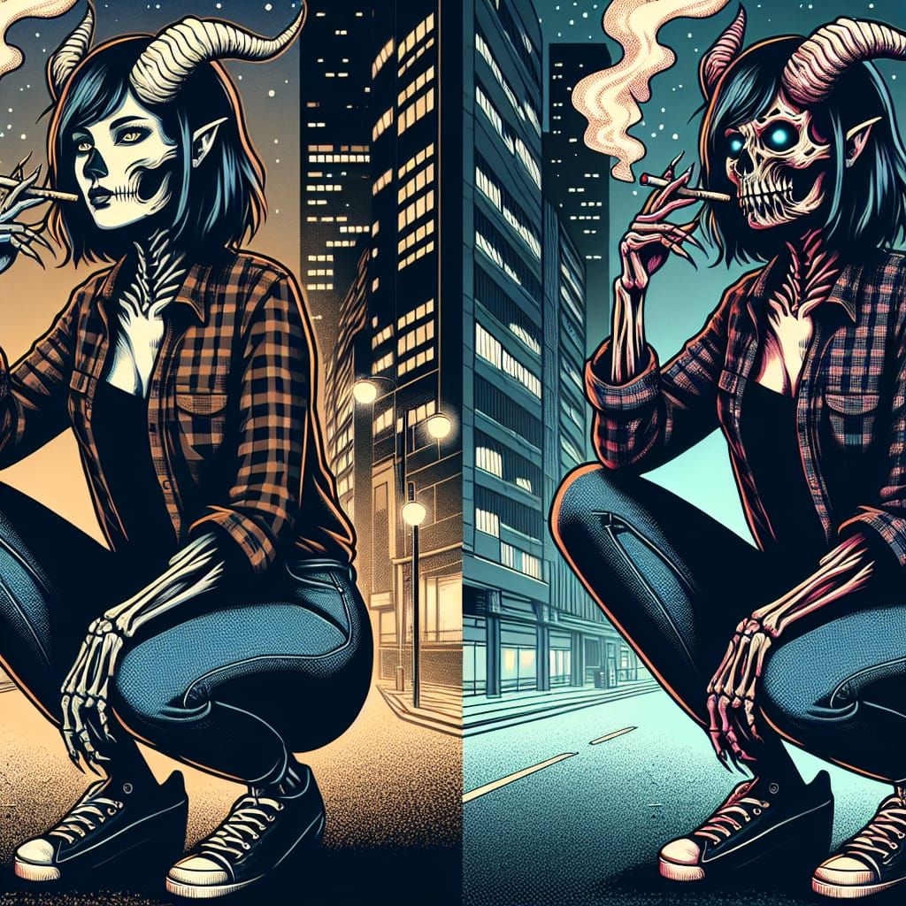 Dark Fantasy Woman in Cityscape, Comic Book Style