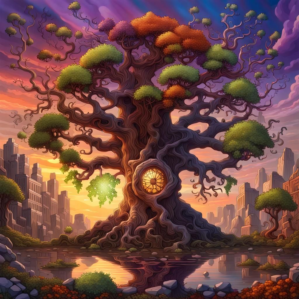 A magical giant tree of life with a giant trunk attaching to the sky ...