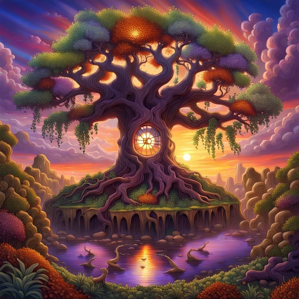 A Magical Giant Tree Of Life With A Giant Trunk Attaching To The Sky 