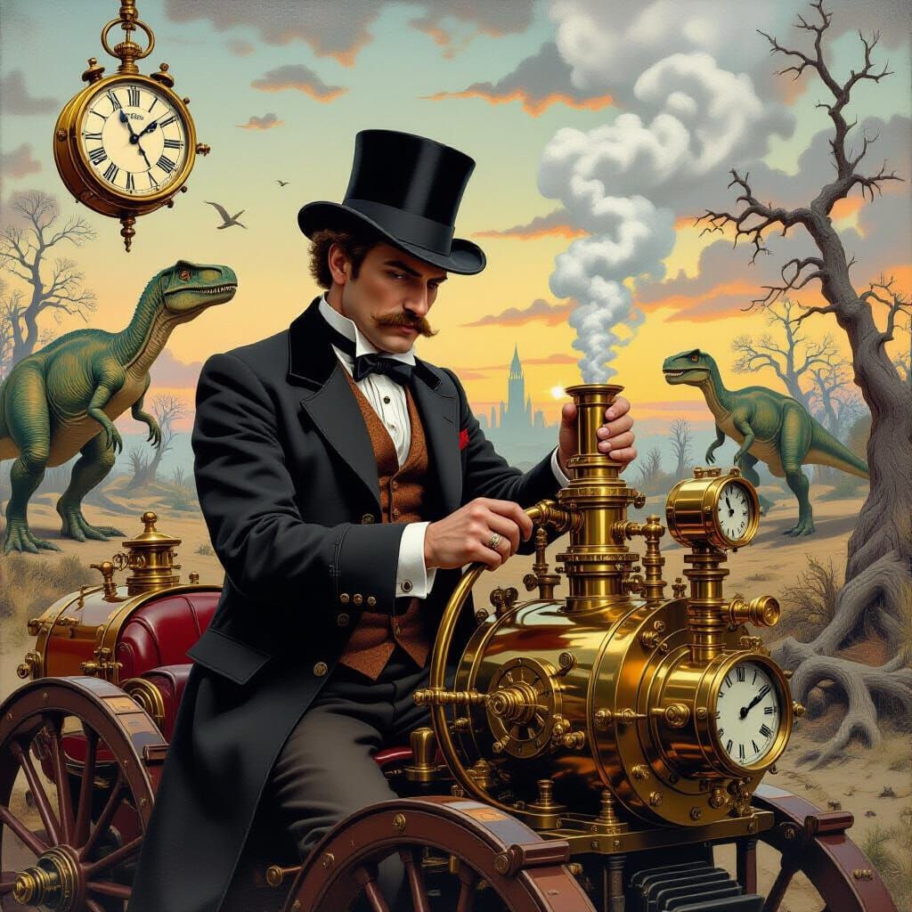 Time Travel. Steampunk Time Machine in a Futuristic Vehicle Shape on Dino Era Background  by @Jane77755