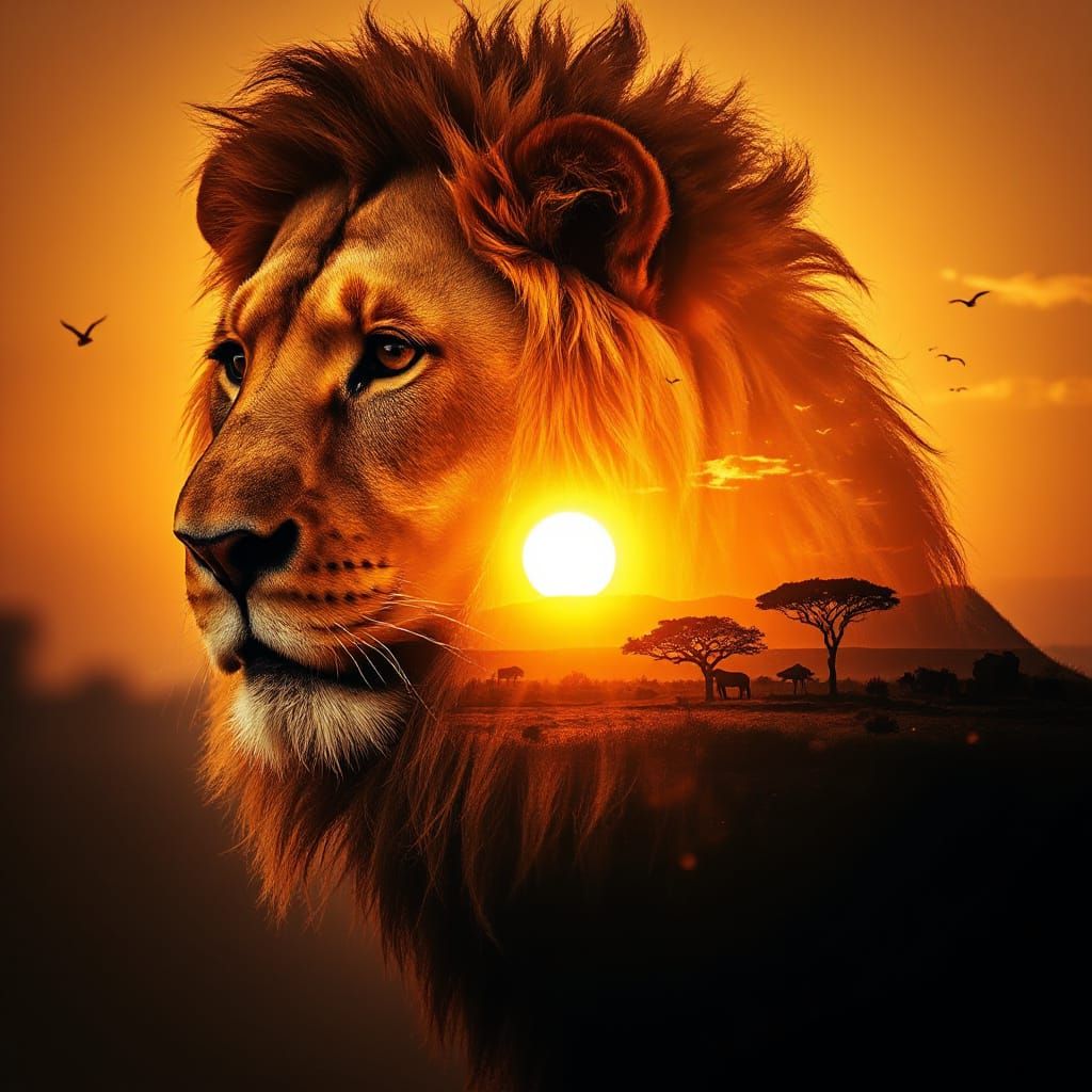 A transcendent double exposure digital artwork showcasing a powerful lion’s profile rendered in intricate ...  by @ari rozental