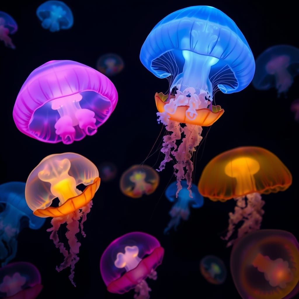 Brightly colored jellyfish in a dark ocean. Floating all around in various sizes and distances.  by @Courtney McCowen